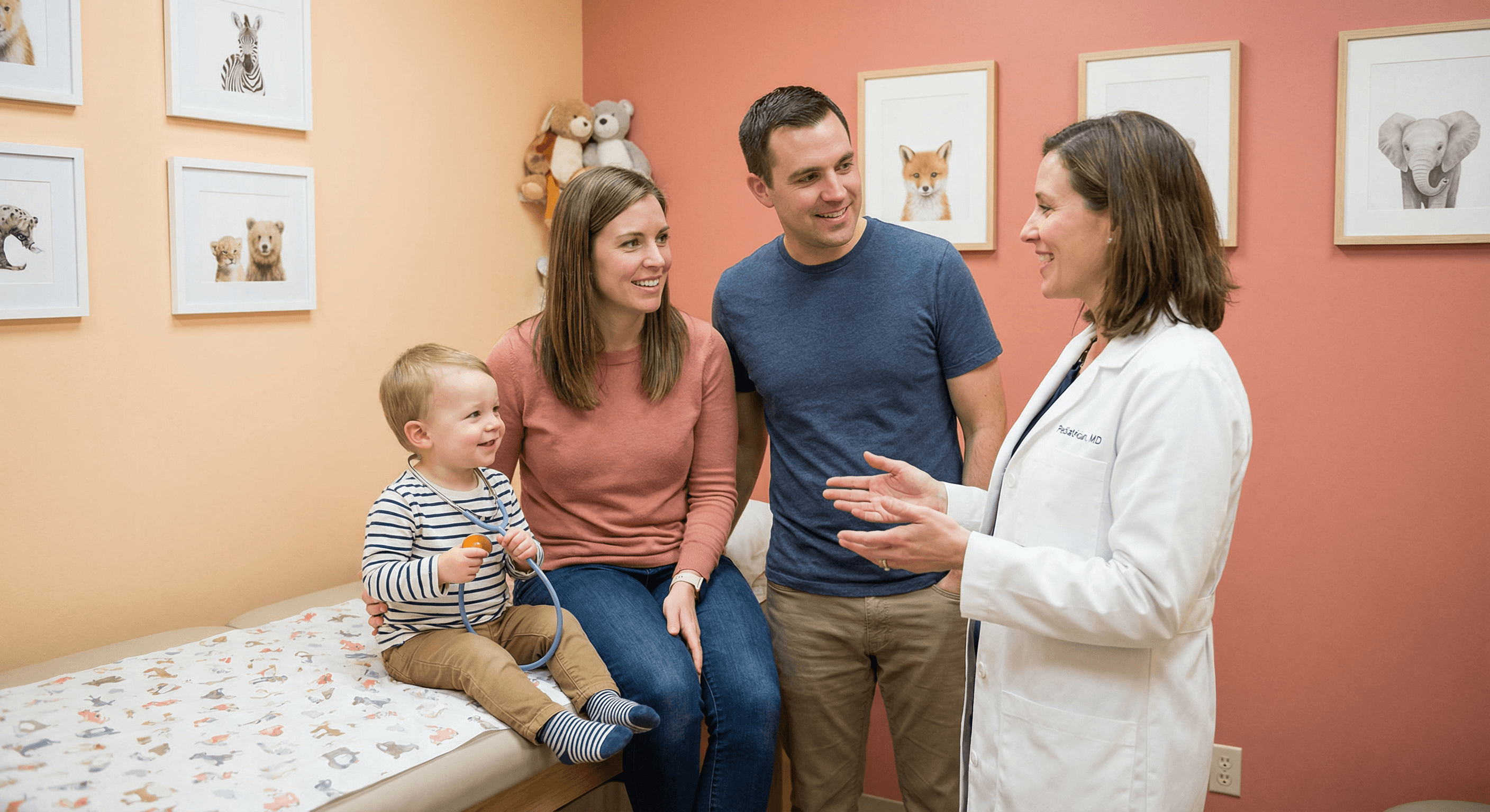 Famille chez le pédiatre discutant des vaccinations