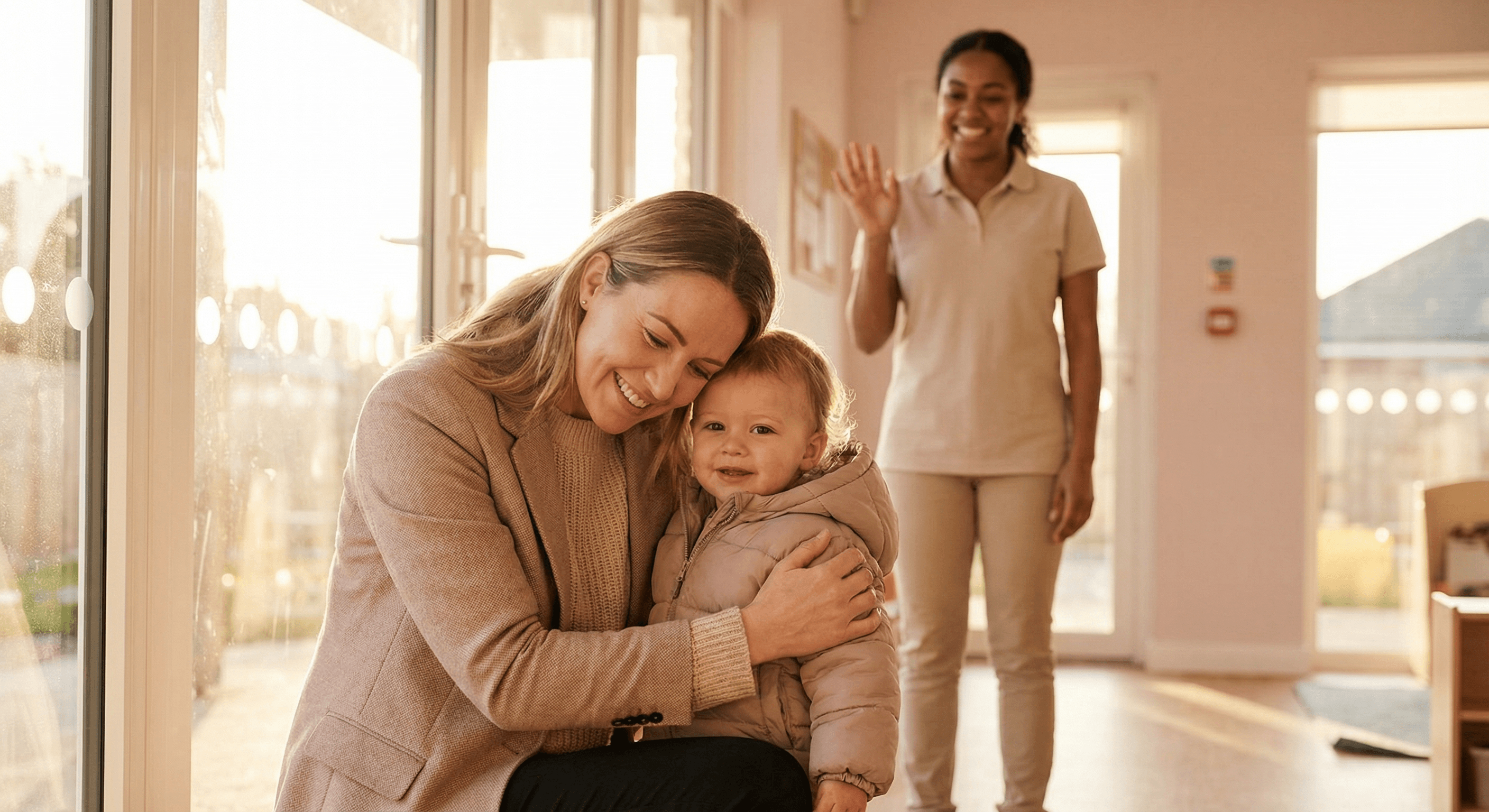 Parent retrouvant son enfant à la crèche avec sérénité