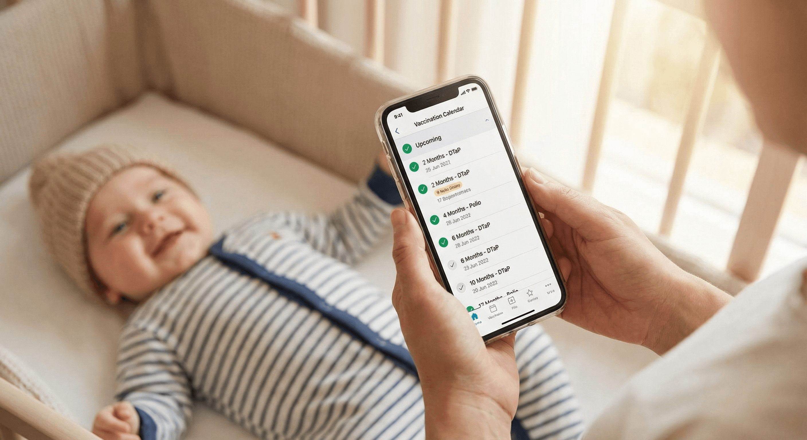 Parent consultant le calendrier vaccinal sur son smartphone