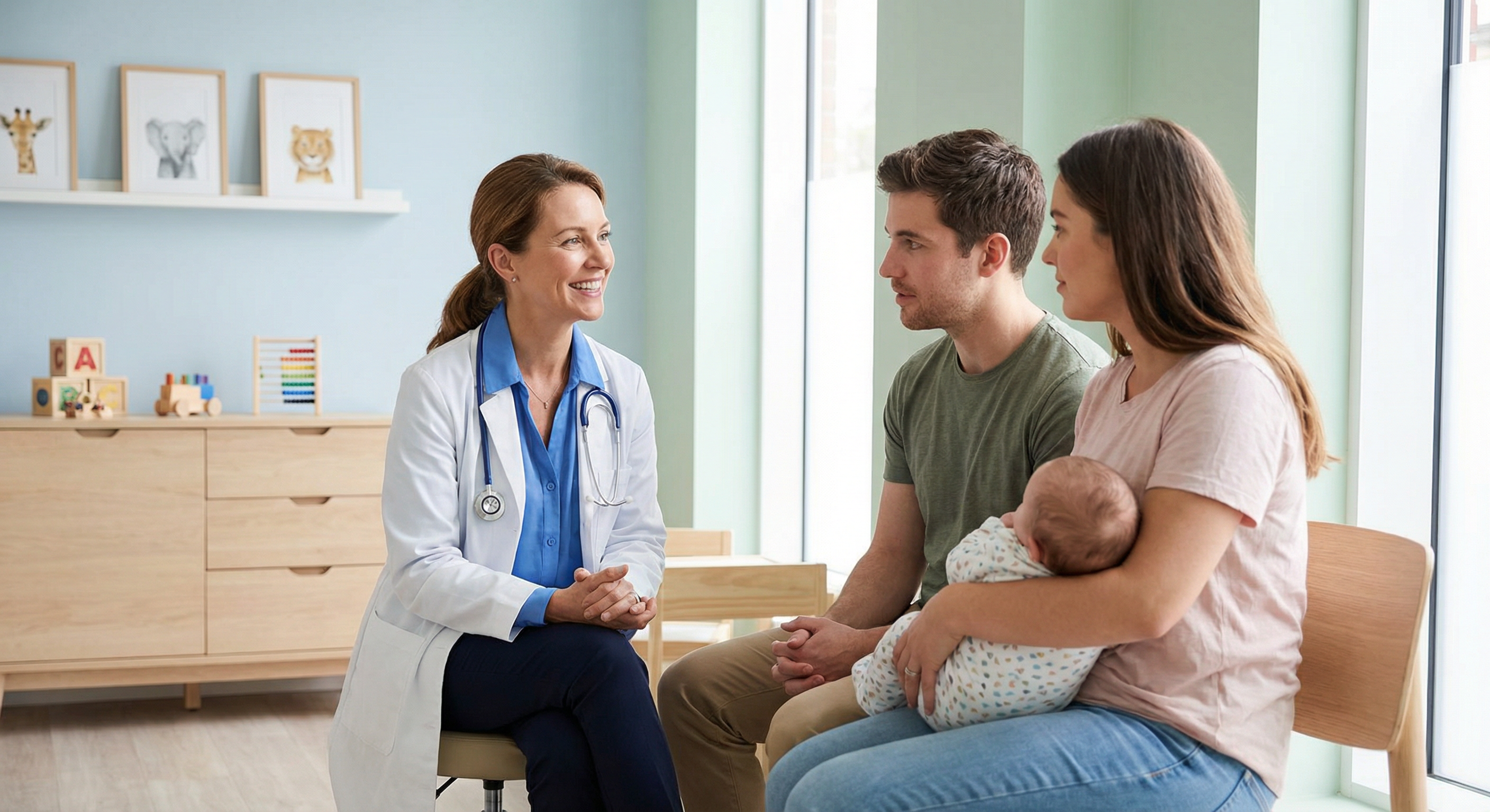 Pédiatre rassurant des parents en consultation